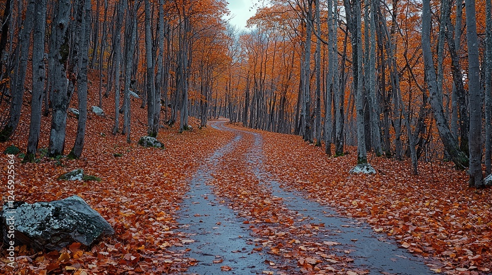 Poster a serene autumn forest path covered with fallen leaves in shades of orange and red.