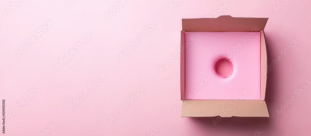 Aufkleber Cardboard box with donut hole on pink background perfect for delivery concepts and showcasing products with empty space for text