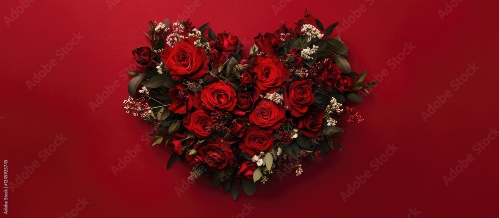 Poster heart-shaped arrangement of red roses on a vibrant red background featuring a flat lay perspective w
