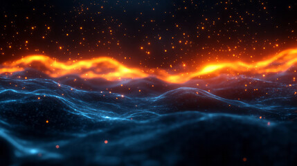 A fluid motion scene where dark blue waters meet vibrant orange currents, sprinkled with soft