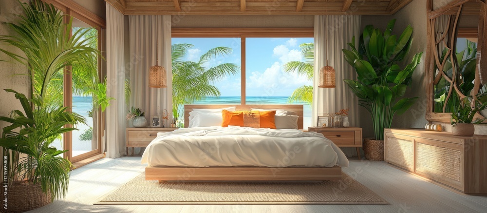 Poster bright modern boho bedroom with coastal view and ample space for custom text in natural light