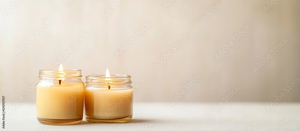 Poster Candles in simple jars on a white background with warm glow and ample empty space for text or branding messages.