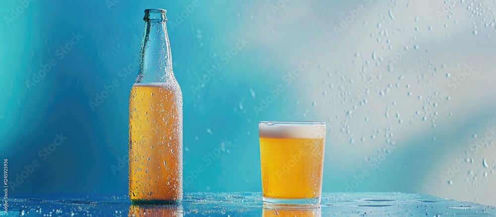 Aufkleber beer bottle and glass on a vibrant blue background with condensation showcasing refreshing beverage 