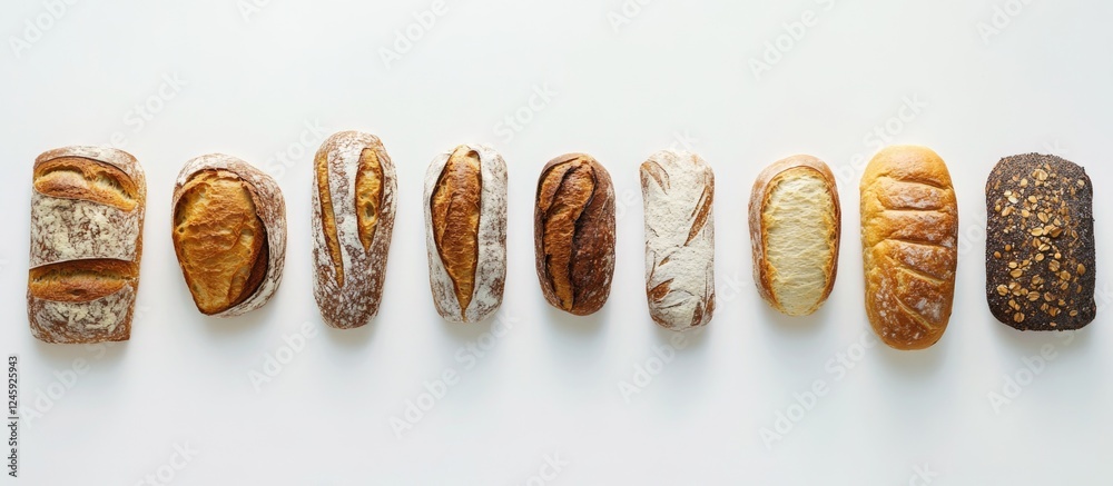 Poster assorted artisanal breads displayed in a row on a clean white background highlighting texture and va