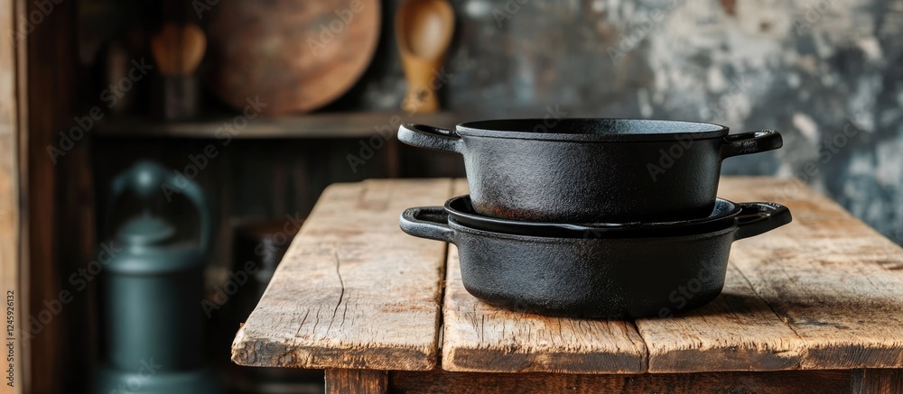 Poster Cast iron cookware elegantly stacked on a rustic wooden table in a cozy kitchen setting with ample empty space for text and design elements
