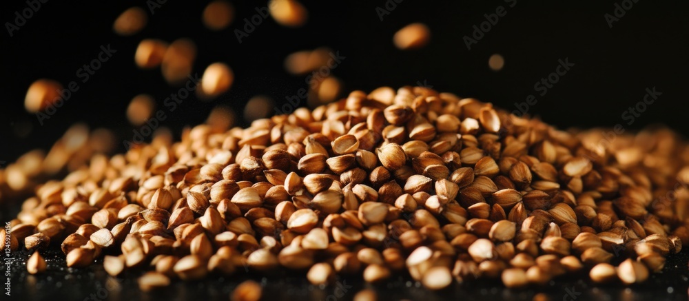 Poster buckwheat grains piled against a black background showcasing their texture and rich brown color in a