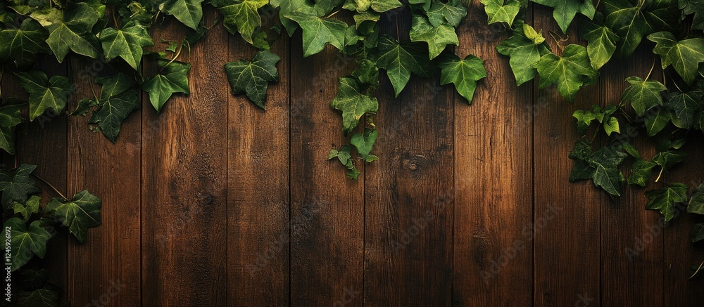 Poster Brown wooden wall texture adorned with lush green ivy creating a rustic and natural backdrop for various design projects.