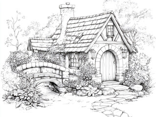 Coloring page of an old house with a stream and a bridge in the forest