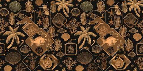 Repeating pattern of various sea-themed objects, including shells, starfish, coral, and stylized fish in bottles, set against a dark background.