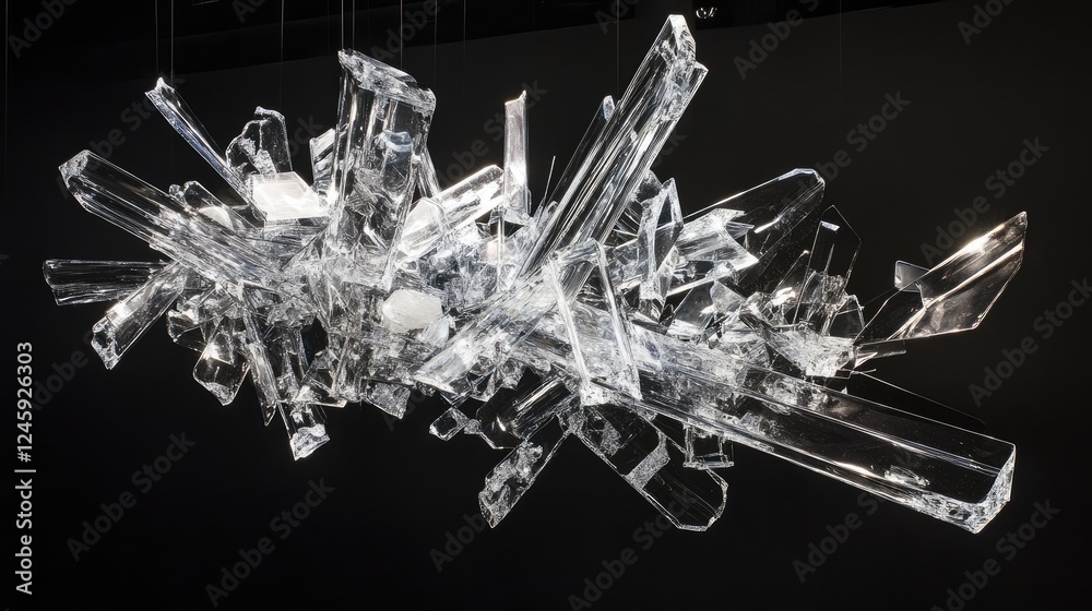Poster crystal-clear glass fragments splintering into sharp, intricate shapes, suspended in midair with a b