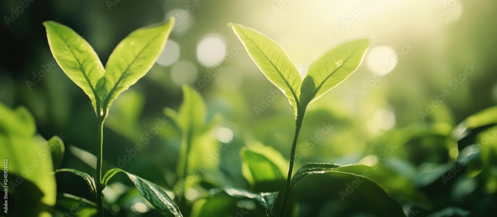 Poster Fresh green fern leaves sprouting in a lush tropical rainforest with soft sunlight filtering through the foliage creating a serene atmosphere.
