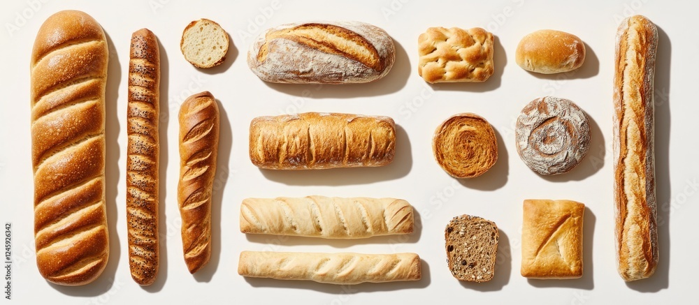 Poster variety of artisanal breads arranged neatly on a white background showcasing textures and shapes of 