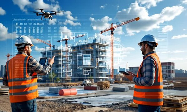 Engineers using drones and digital tools at modern construction site. Technology concept