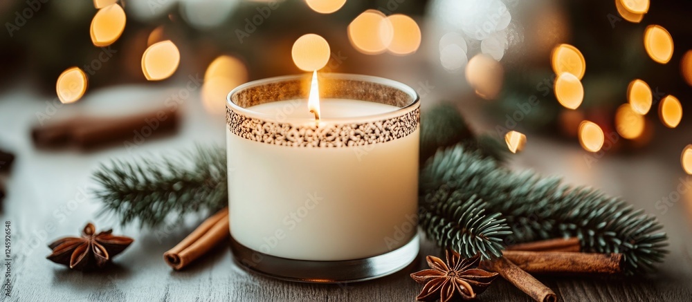 Poster cozy christmas candle surrounded by festive greenery and warm bokeh lights creating a tranquil holid
