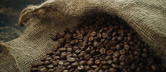 Coffee beans spilling from a burlap sack showcasing texture and richness ideal for coffee related themes or products.