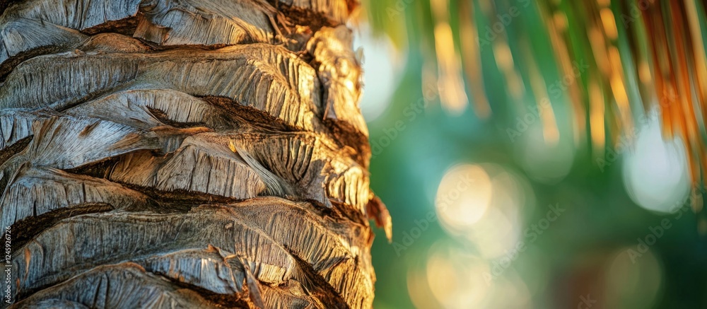 Poster Close-up of a palm tree trunk showcasing bare bark after pruning dried branches with soft background bokeh in natural light.
