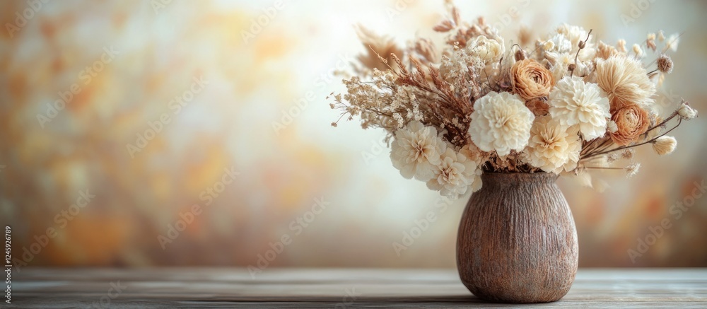 Poster elegant arrangement of dried flowers in a rustic vase against a soft blurred background for a warm a
