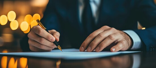 Businessman signing document in a modern office with glowing background and blockchain concept providing ample space for your text content