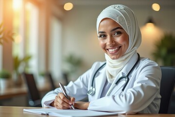 Health Care Tips. qsehra Hijab sleeves women-owned Mbbs abroad Medical treatment Healthcare scientists Included Trusted Medely Nurseio Smiling Muslim female doctor in white coat writing a