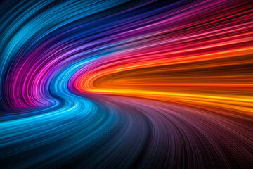 A vibrant composition featuring dynamic flowing light trails in bold hues, enhanced by glowing