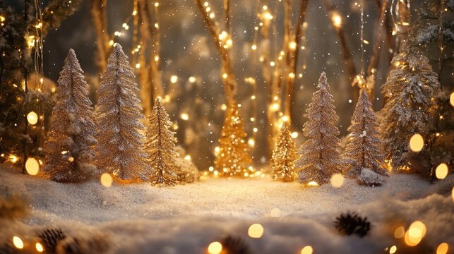 Enchanting Winter Wonderland with Snowy Trees and Golden Lights Ideal for Holiday-Themed Designs and Text Overlay