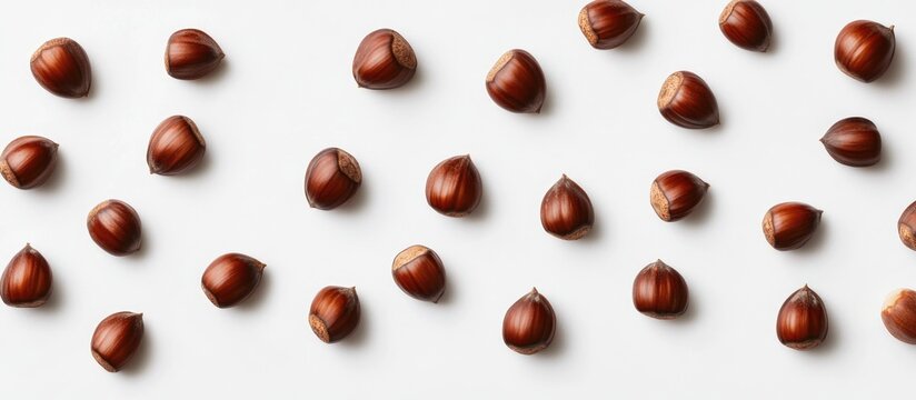 Chestnuts from Sterculia monosperma arranged on a clean white background showcasing their rich brown color and distinctive shape.