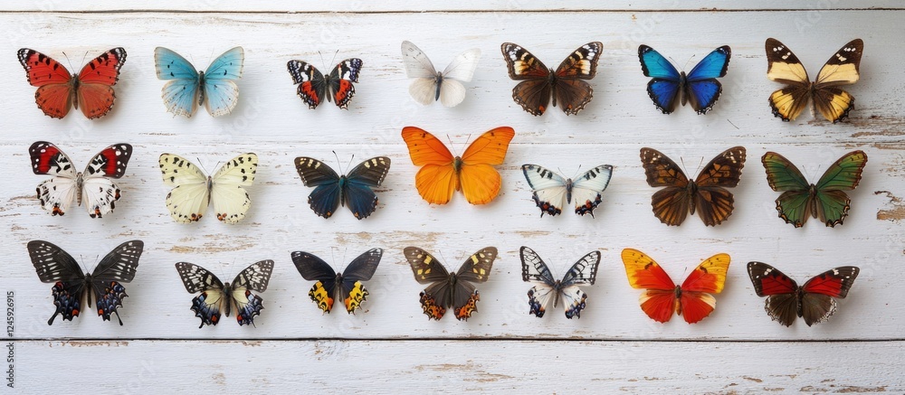 Poster Colorful butterfly decor arranged on a rustic white wooden background creating a vibrant and artistic composition for home or event styling.