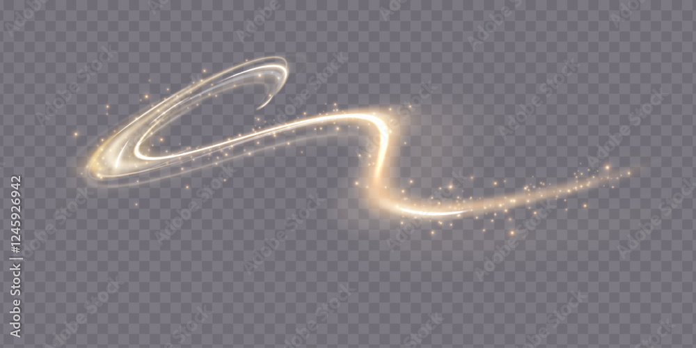 Aufkleber Curved golden lines light effect. Light bright Twirl. High-speed light energy effect for game characters action on transparent PNG background