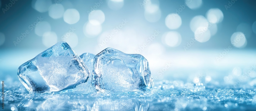 Poster ice cubes on a sparkling blue background with bokeh effect providing space for text and creating a r