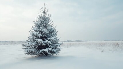 Obraz premium Snowy Christmas tree in a serene winter landscape with ample space for text or seasonal messages
