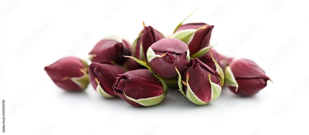 Poster close up of dark red rose buds arranged on a white background showcasing their texture and color for