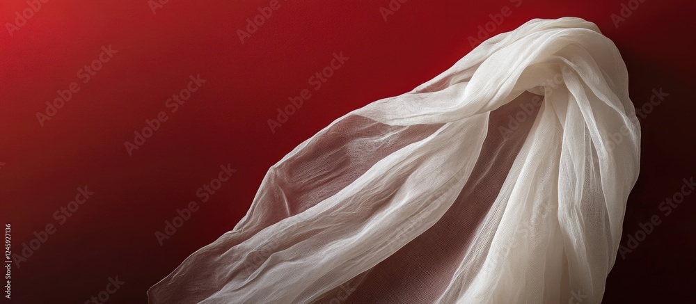 Poster translucent cheesecloth fabric flowing gracefully against a vibrant red background creating an elega