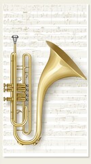 Naklejka premium Golden trumpet on sheet music; musical instrument, concert preparation