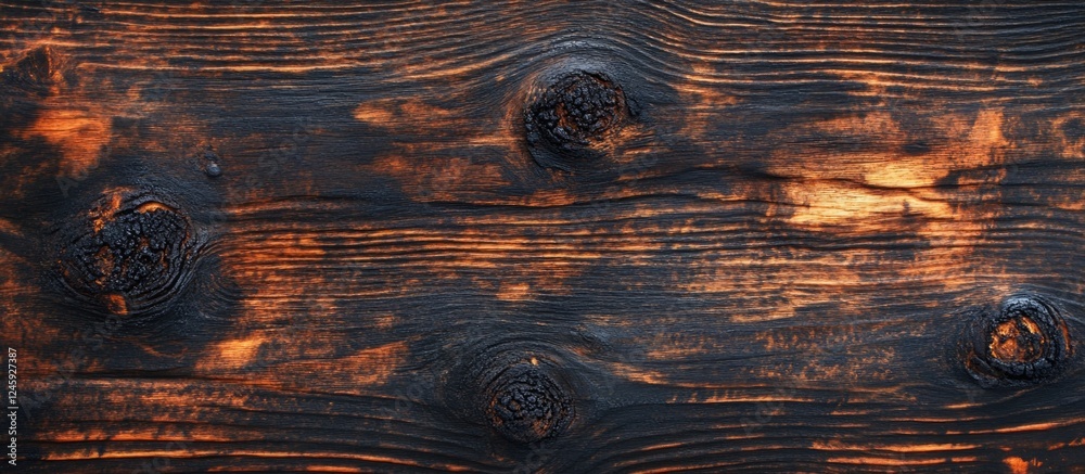 Aufkleber dark charred wood surface with a rich texture highlighted by warm, glowing tones, ideal for backgrou