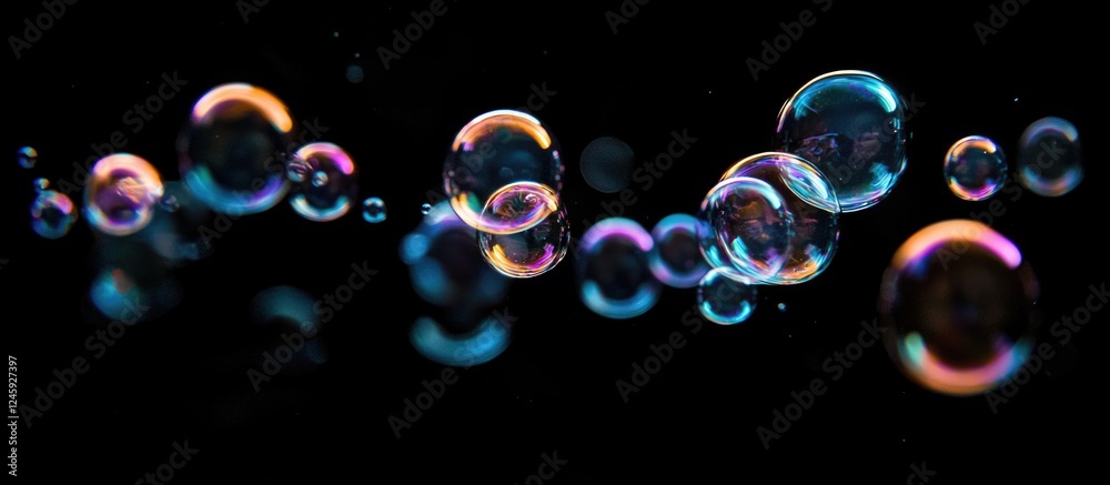 Poster Colorful soap bubbles floating in dark water with soft reflections and highlights creating a serene and magical atmosphere