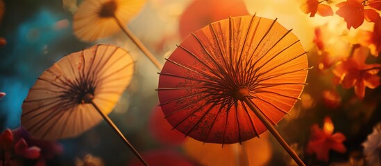 Colorful Chinese paper umbrellas with intricate patterns against a vibrant background in Bangkok showcasing stunning artistic craftsmanship.