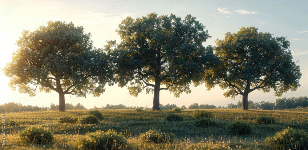 Poster Three big trees standing in full view beneath each other on a grassy plain with some bushes.