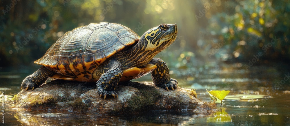 Poster Caspian turtle Mauremys caspica basking on a rock in a serene pond with sunlight filtering through trees in a lush natural environment