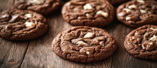 Chocolate cookies with creamy filling arranged on rustic wooden background showcasing delicious textures and rich flavors.