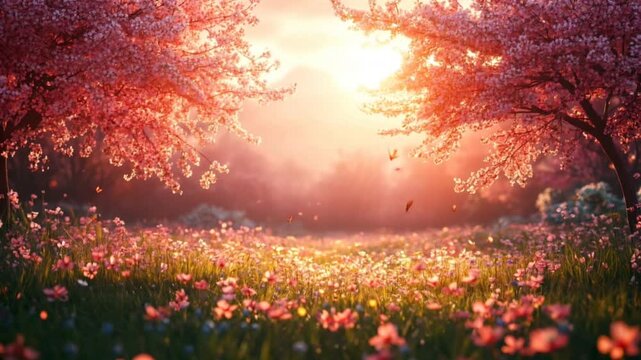 Pathway framed by blooming cherry trees under glowing sunset sky. Nature concept