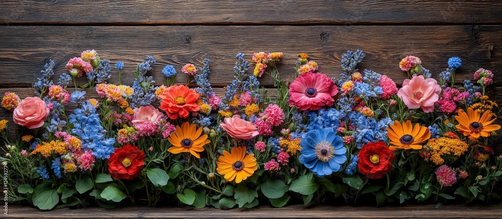 Poster vibrant assortment of colorful flowers arranged on rustic wooden background for a cheerful and invit