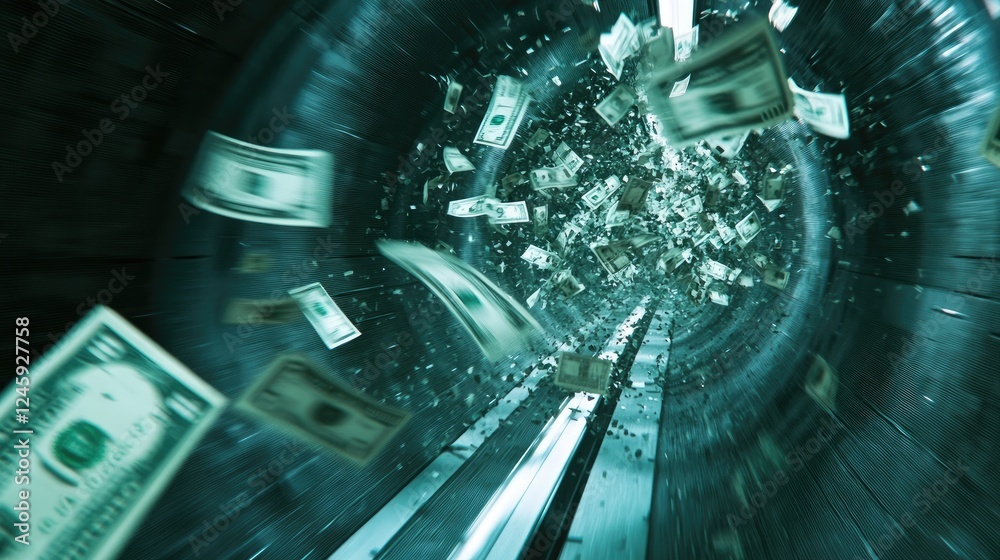 Aufkleber dollar bills fly and dissolve into particles as they travel through a futuristic tunnel, visualizing