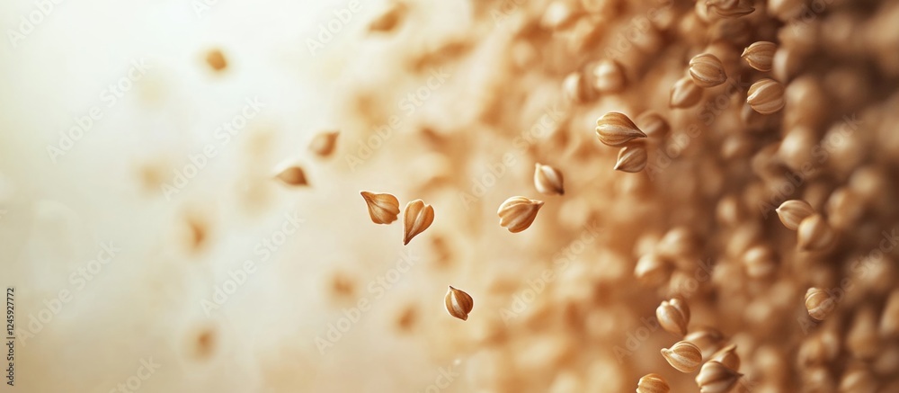 Poster buckwheat seeds scattered on a soft textured background creating a warm and natural aesthetic suitab