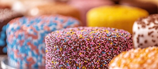 Colorful chocolate sprinkles atop assorted cakes creating a festive and enticing dessert display for celebrations and special occasions