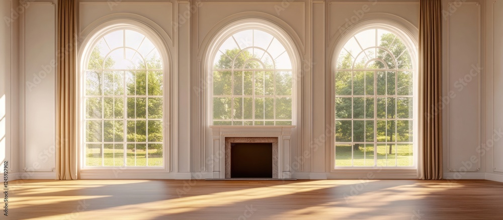 Aufkleber modern bright living room with arched windows and fireplace showcasing elegant design and ample blan
