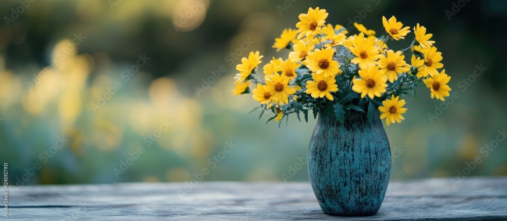Poster wild yellow flower bouquet in a blue vase on a wooden table with a soft blurred background creating 