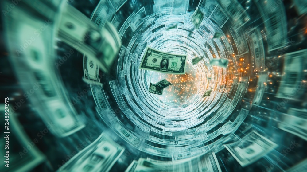 Poster dollar bills fly and dissolve into particles as they travel through a futuristic tunnel, visualizing