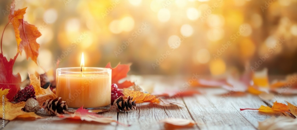 Poster candle surrounded by autumn leaves and decorations on wooden table with warm blurred background and 