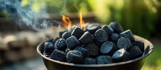 Charcoal briquettes igniting in a barbecue grill ready for outdoor cooking and summer gatherings in a vibrant garden setting