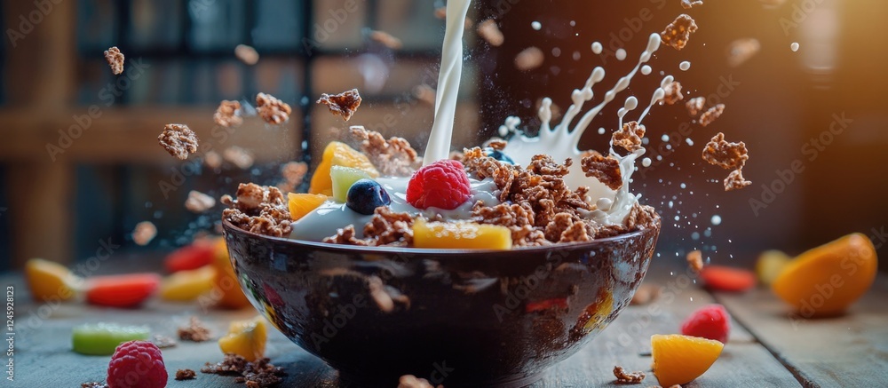 Poster colorful milk splash over cocoa cornflakes and fresh fruit in a bowl on a wooden table, creating a v